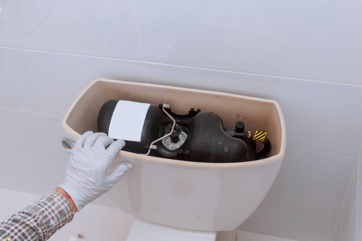 Plumber repairing toilet tank in bathroom plumbing at home changes the repairing toilet tank